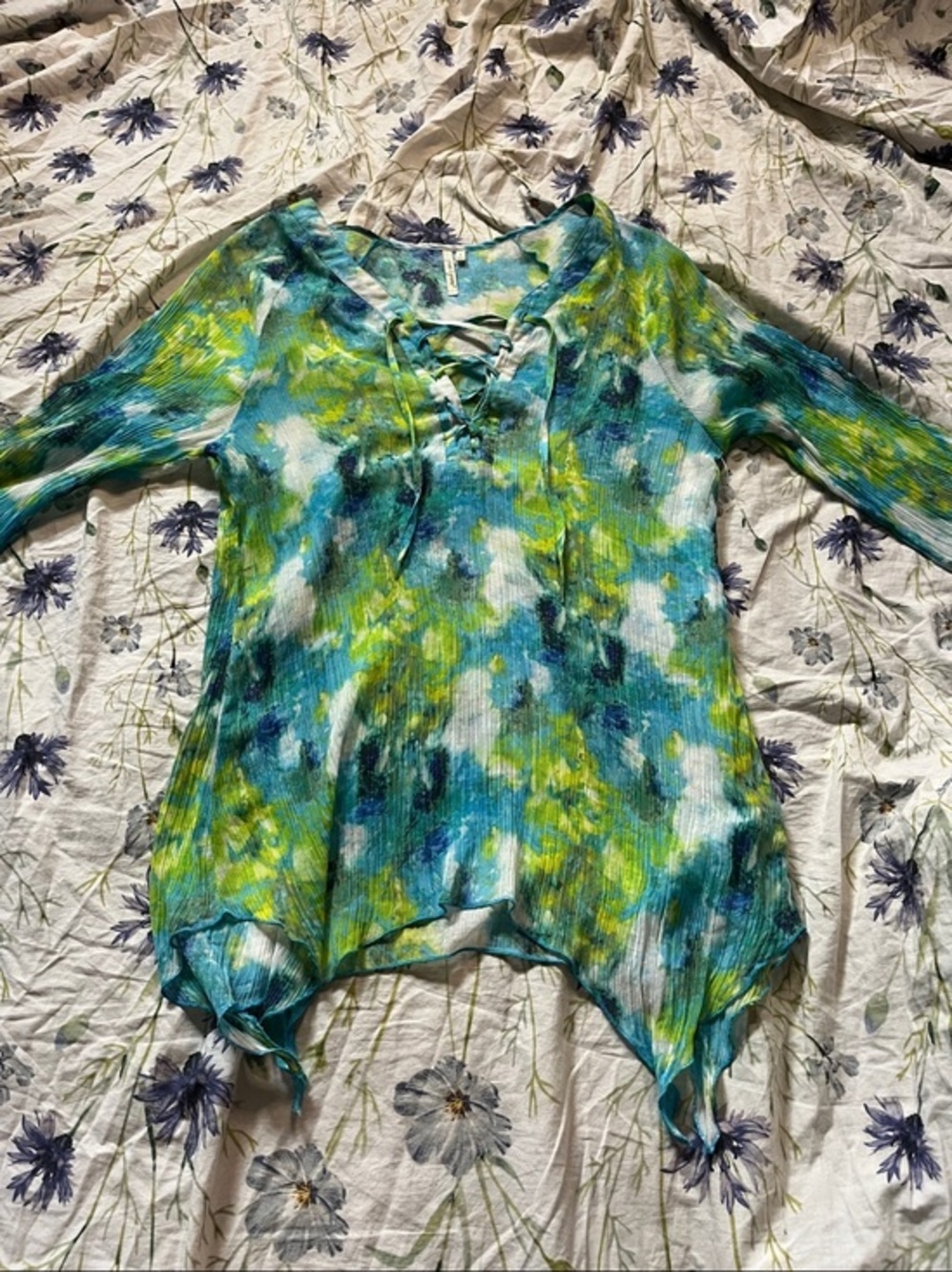 Grand & Greene Blue Green Yellow Watercolor Lace-Up Tunic – Size S – Like New - Picture 3 of 5